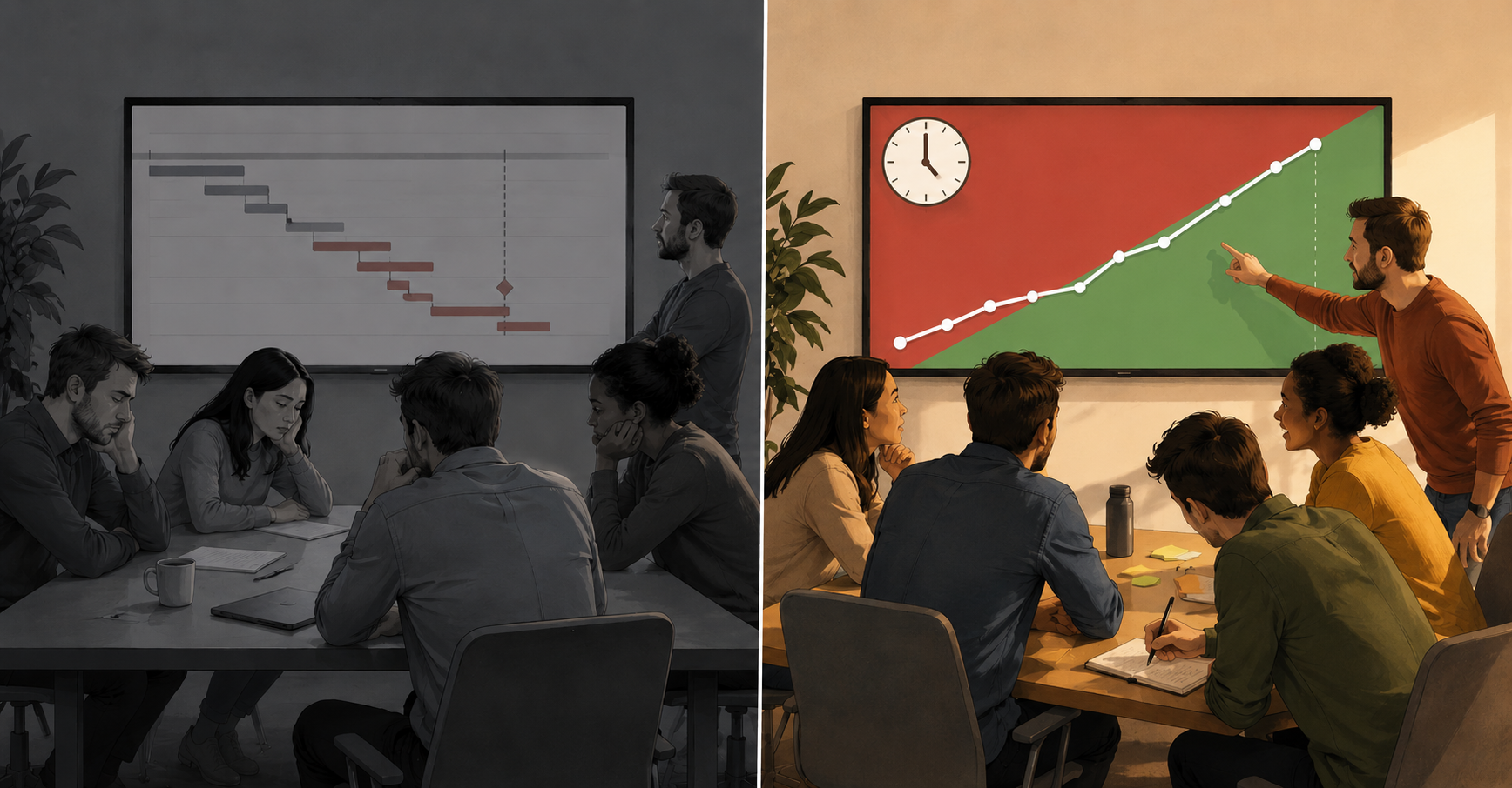 Before and after: a team slumped watching a newscast-style Gantt, vs. the same team reacting to a live scoreboard
